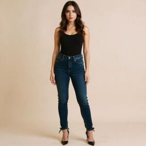 Retro Chic 90s Skinny Blue Jeans w/ Ankle Bows High-Rise Stretch Size 10 (29x26)